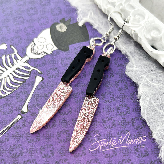 Pretty in Pink Killer, knife earrings, laser cut acrylic, charms, pastel Halloween, horror, chef