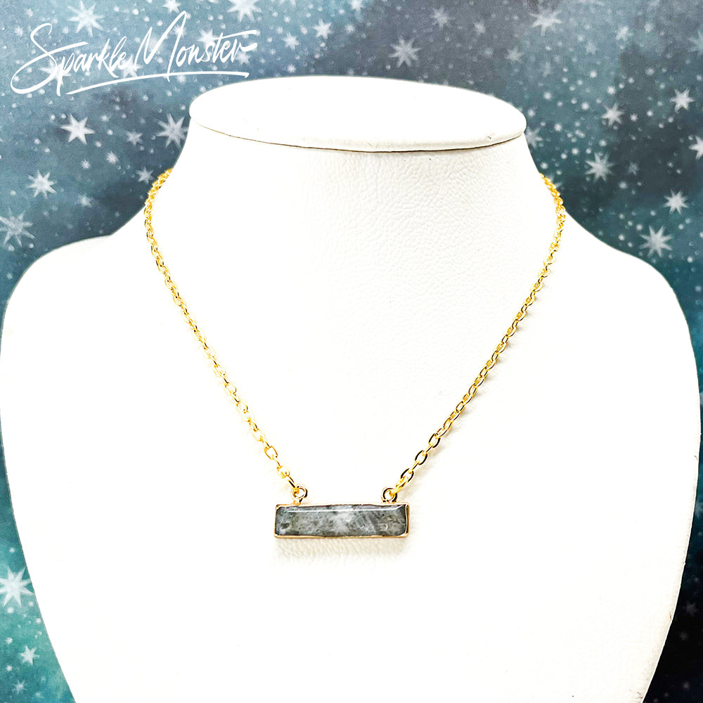 Labradorite Bar Necklace - gemstone necklace, pendant, modern, boho, gray, gold