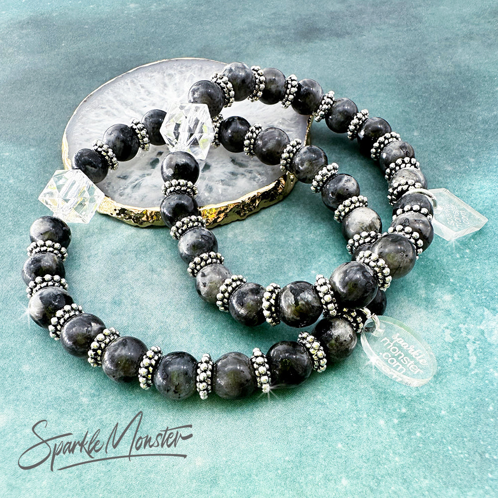 Labradorite gemstone stretch bracelet, silver spacer beads, transformation and protection