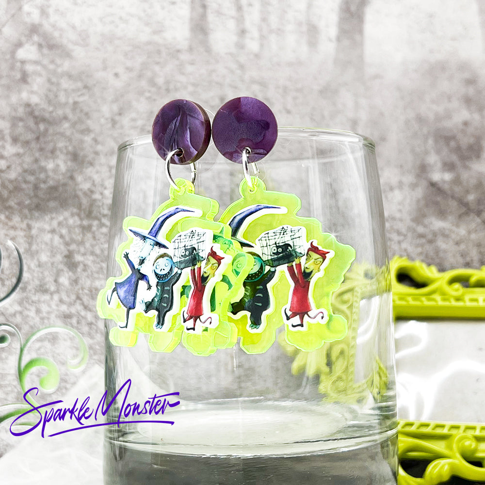 Kidnapping Sandy Claus dangle earrings, laser cut acrylic, holiday party, Nightmare, neon green, Christmas