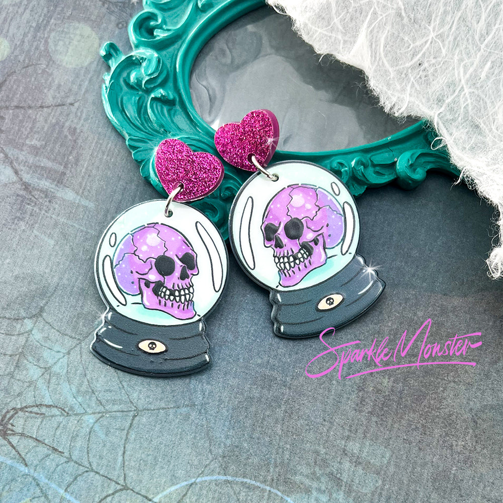 Crystal Ball Visions - dangle earrings, laser cut acrylic, magic, charms, skulls