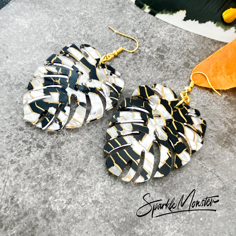Large Black White & Gold Monstera Leaf Earrings, laser cut acrylic, dangle earring