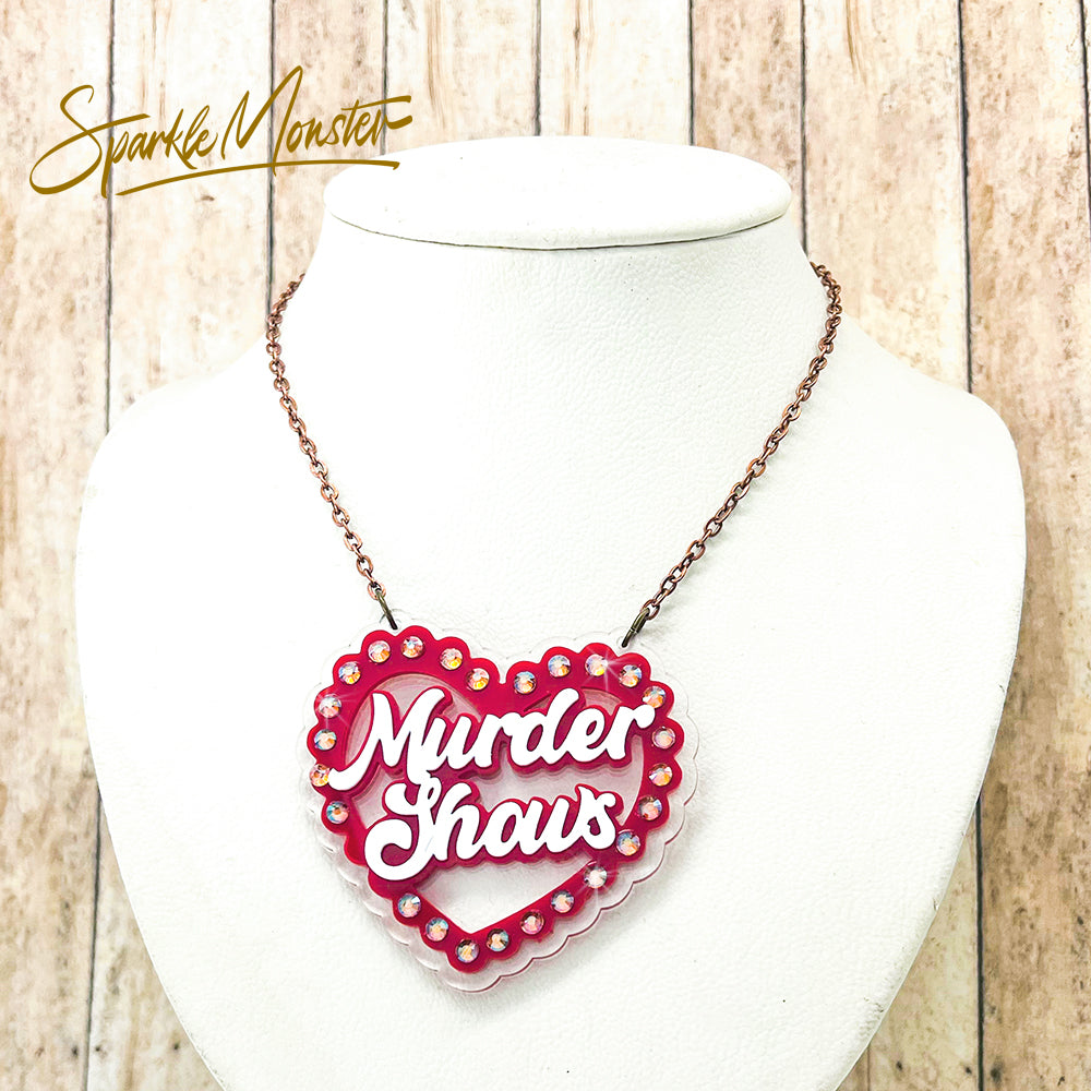 Murder Shows, red heart necklace, rhinestones, laser cut acrylic, Valentine pendant