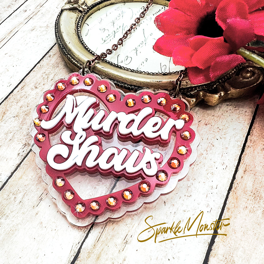 Murder Shows, red heart necklace, rhinestones, laser cut acrylic, Valentine pendant