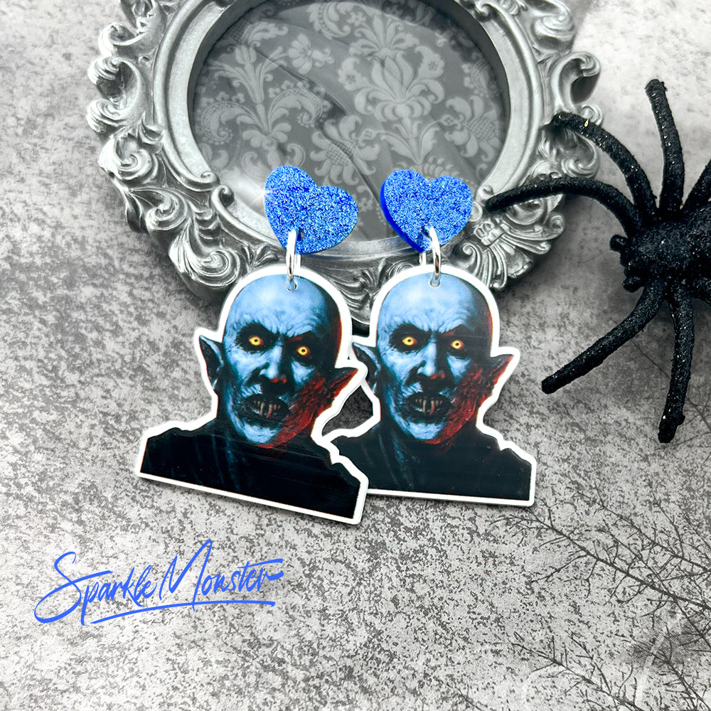 Nasferatu- dangle earrings, laser cut acrylic, blue glitter hearts, charms, vampire