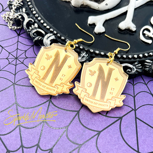 Nevermore Academy, dangle earrings, gold mirror laser cut acrylic, charms
