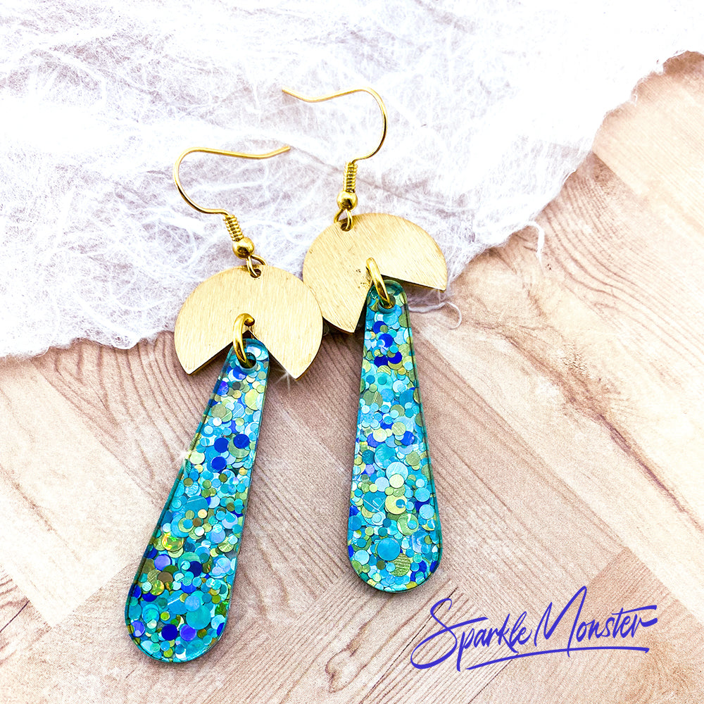 Bauhaus Babe dangle earrings, aqua blue confetti glitter, laser cut acrylic, retro, gold, geometric