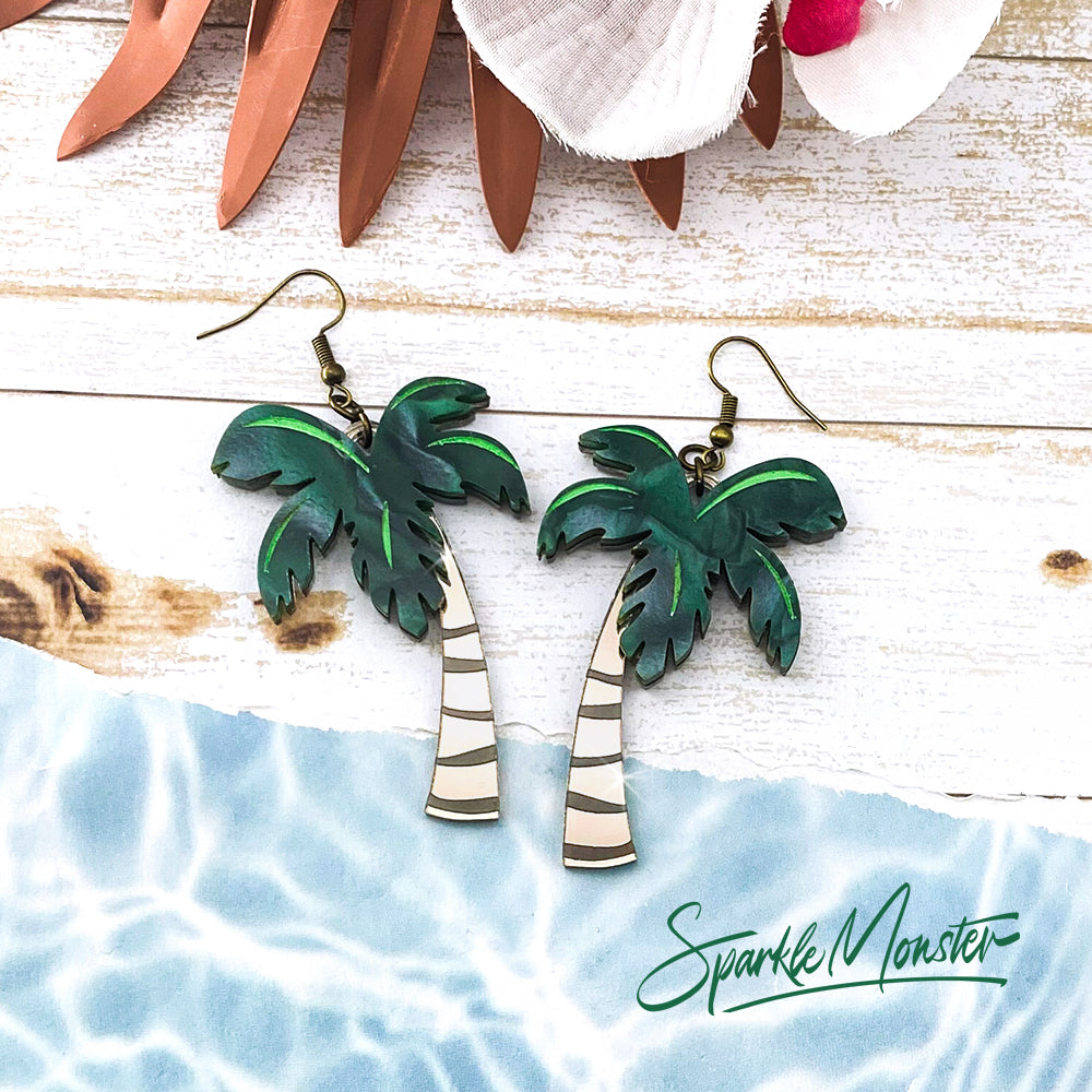 Palm Trees of Honolulu, dangle earrings, laser cut acrylic, tropical, green pearl and bronze