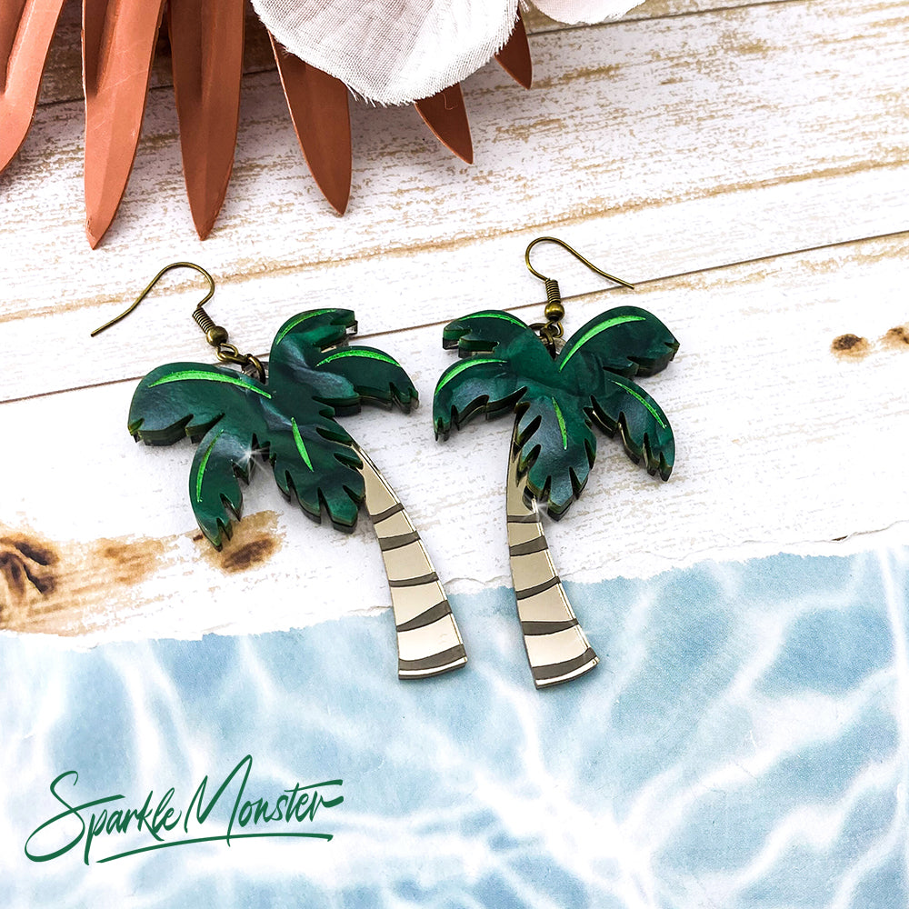 SALE Palm Trees of Honolulu, dangle earrings, laser cut acrylic, tropical, green pearl and bronze