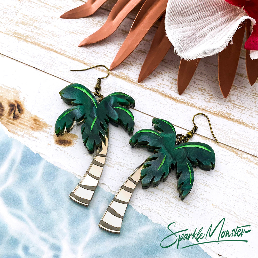Palm Trees of Honolulu, dangle earrings, laser cut acrylic, tropical, green pearl and bronze