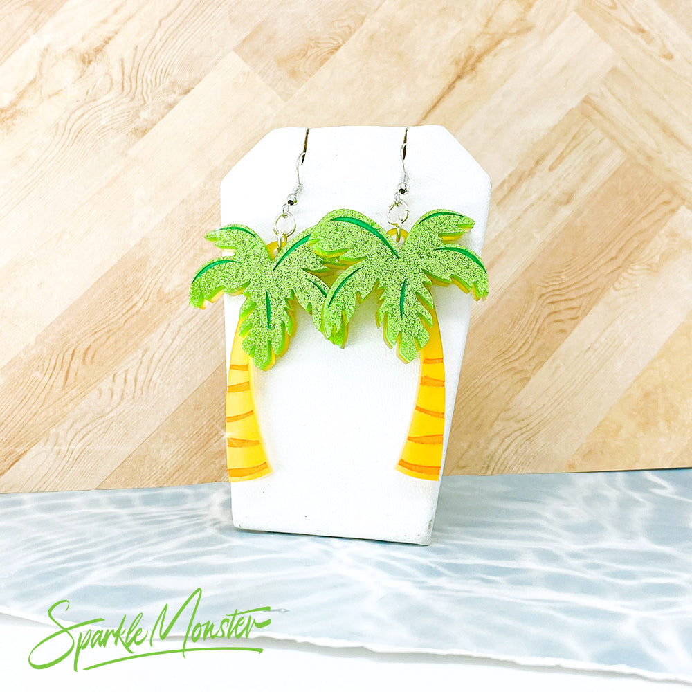 Palm Trees of Los Angeles, dangle earrings, laser cut acrylic, tropical, green glitter and frosted orange