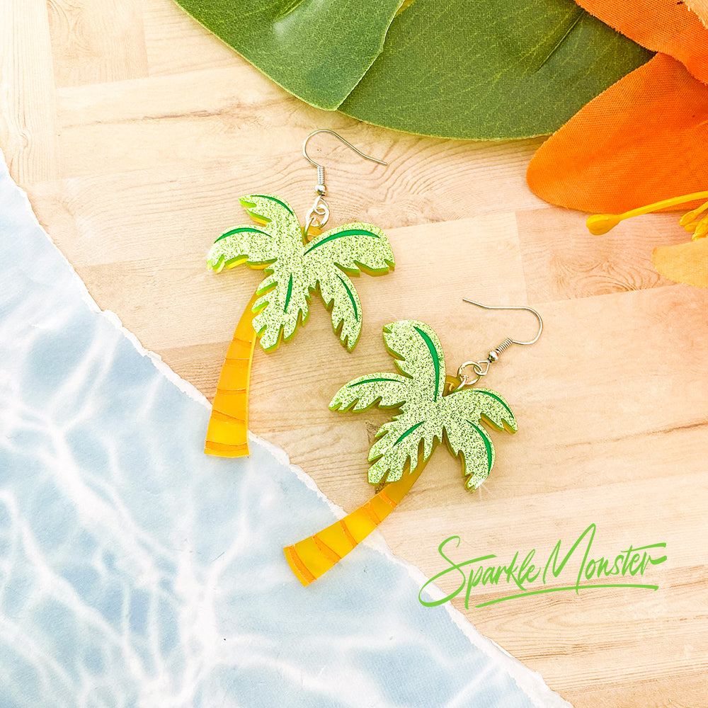 Palm Trees of Los Angeles, dangle earrings, laser cut acrylic, tropical, green glitter and frosted orange