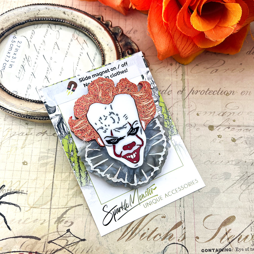 Pennywise The Dancing Clown - laser cut acrylic brooch, orange glitter, gray pearl, horror, IT
