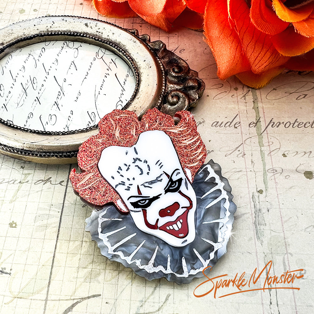 Pennywise The Dancing Clown - laser cut acrylic brooch, orange glitter, gray pearl, horror, IT