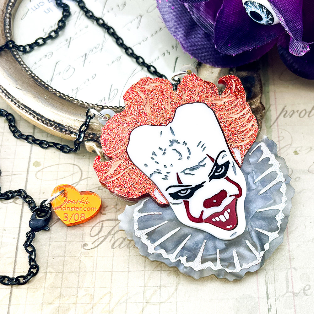 Pennywise The Dancing Clown - laser cut acrylic necklace, orange glitter, gray pearl, horror, IT