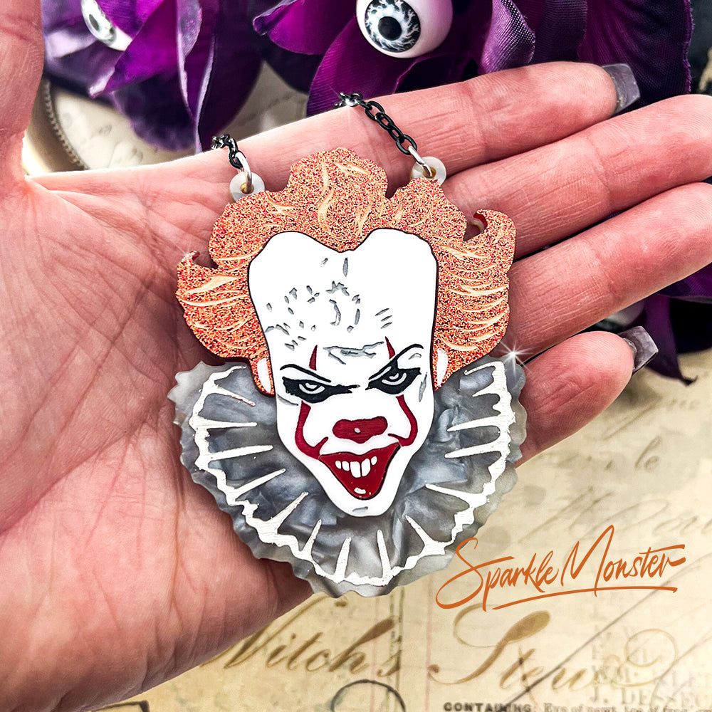 Pennywise The Dancing Clown - laser cut acrylic necklace, orange glitter, gray pearl, horror, IT