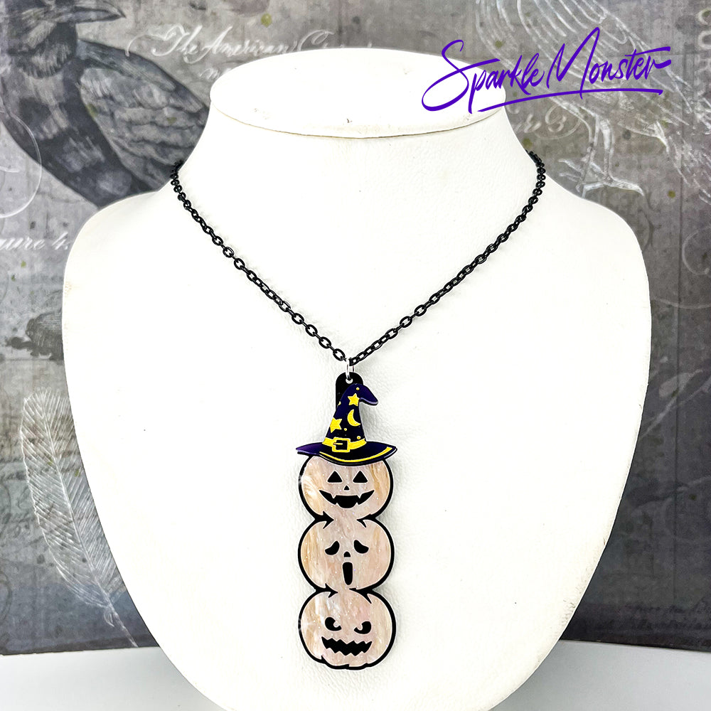 Three Little Pumpkins - laser cut acrylic necklace, glitter, jack o lanterns, pastel Halloween
