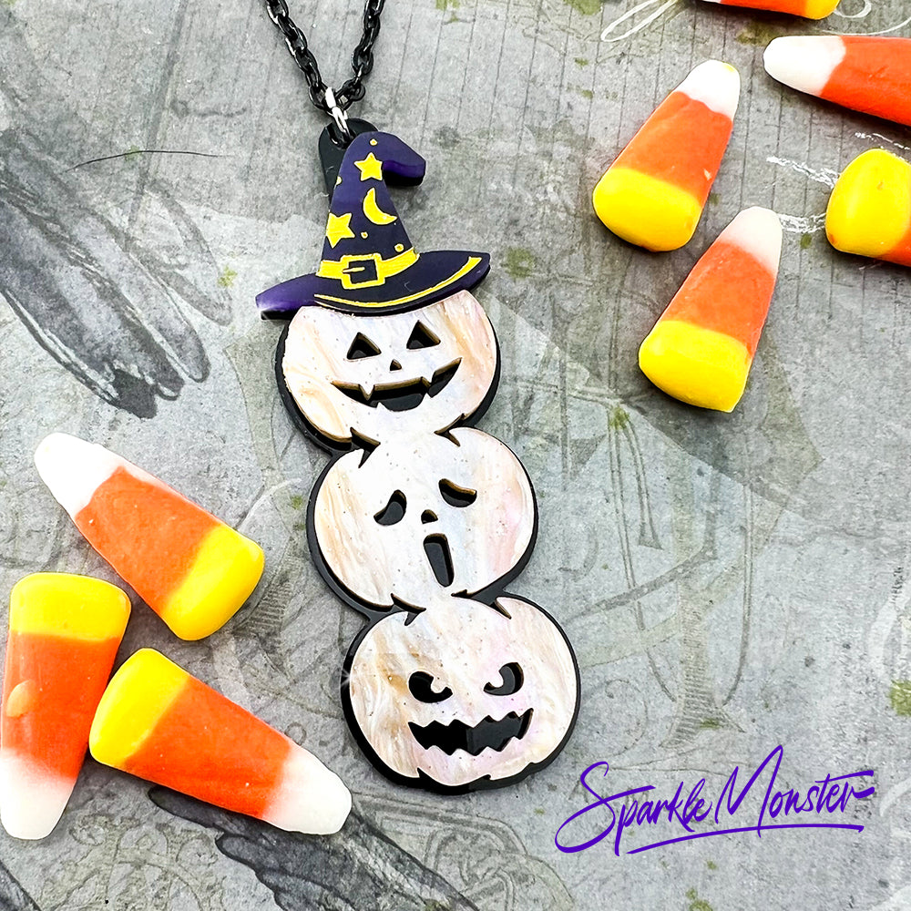Three Little Pumpkins - laser cut acrylic necklace, glitter, jack o lanterns, pastel Halloween