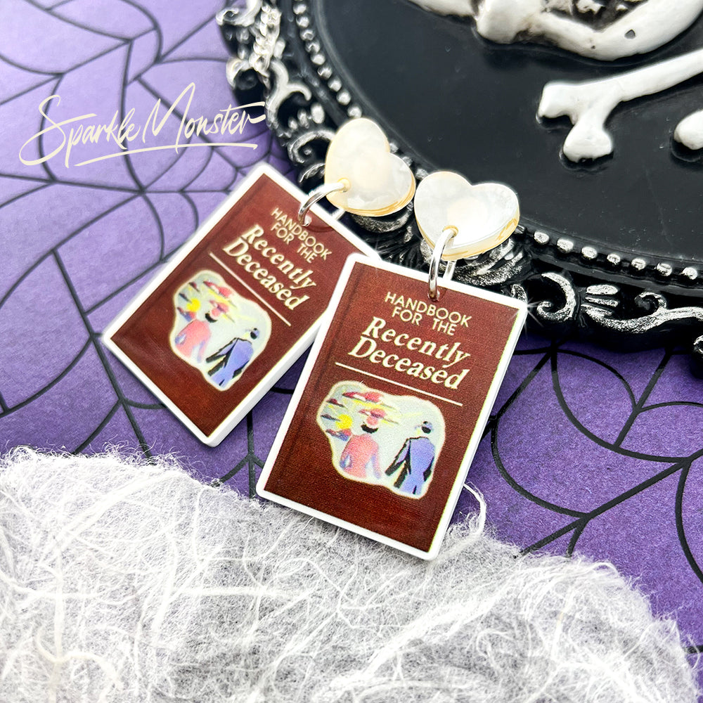 Handbook for the Recently Deceased - dangle earrings, laser cut acrylic, lightweight, charms, movie