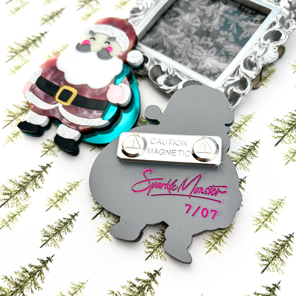 Pretty in Pink Santa, laser cut acrylic brooch, holiday, super cute, Santa Claus, Christmas