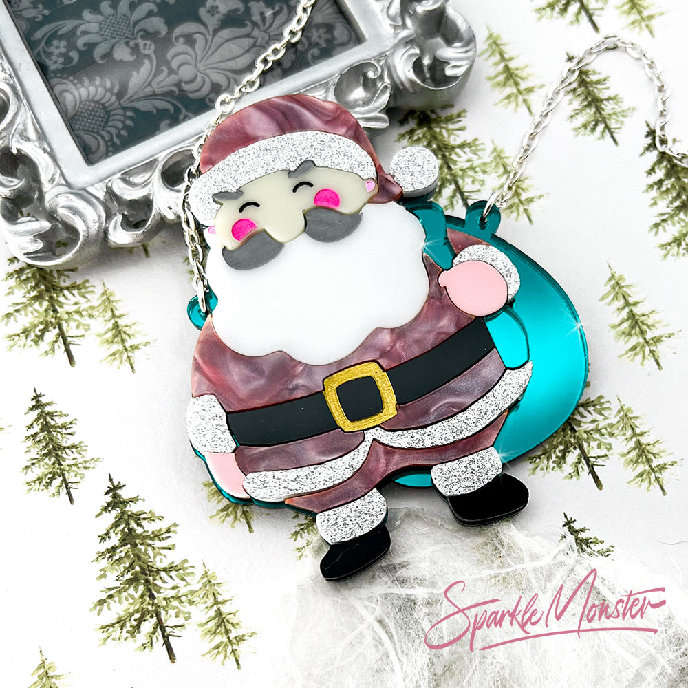 Pretty in Pink Santa, laser cut acrylic necklace, holiday, super cute, Santa Claus, Christmas