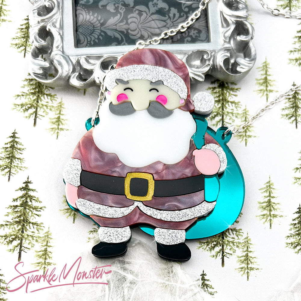 Pretty in Pink Santa, laser cut acrylic necklace, holiday, super cute, Santa Claus, Christmas