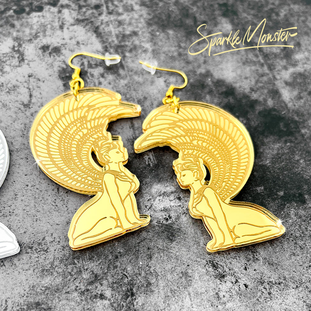 Southern Oracle - dangle earrings, laser cut acrylic, gold or silver, sphinx, NeverEnding Story