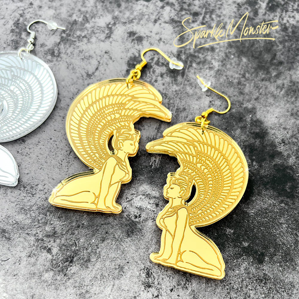 Southern Oracle - dangle earrings, laser cut acrylic, gold or silver, sphinx, NeverEnding Story