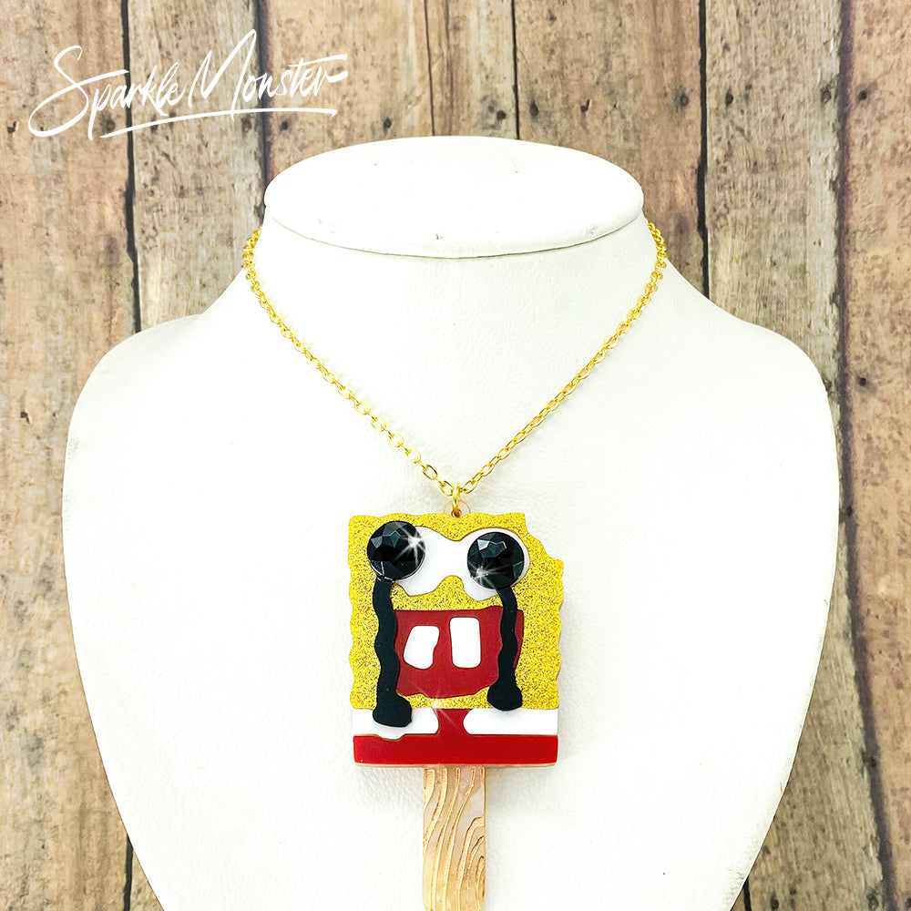 Cartoon Melted Popsicle necklace, laser cut acrylic, fun, yellow glitter, sponge, funny