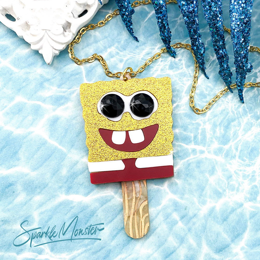 Cartoon Popsicle necklace, laser cut acrylic, fun, yellow glitter, sponge, funny