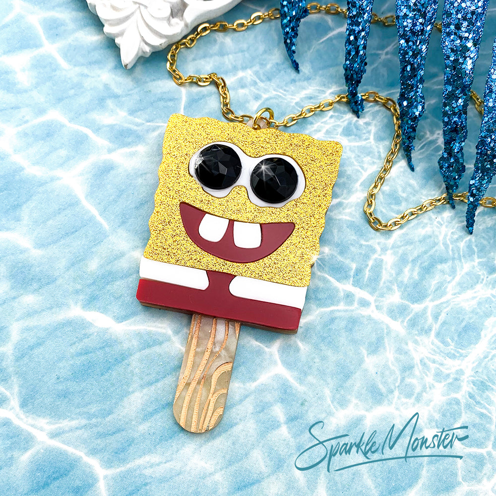Cartoon Popsicle necklace, laser cut acrylic, fun, yellow glitter, sponge, funny