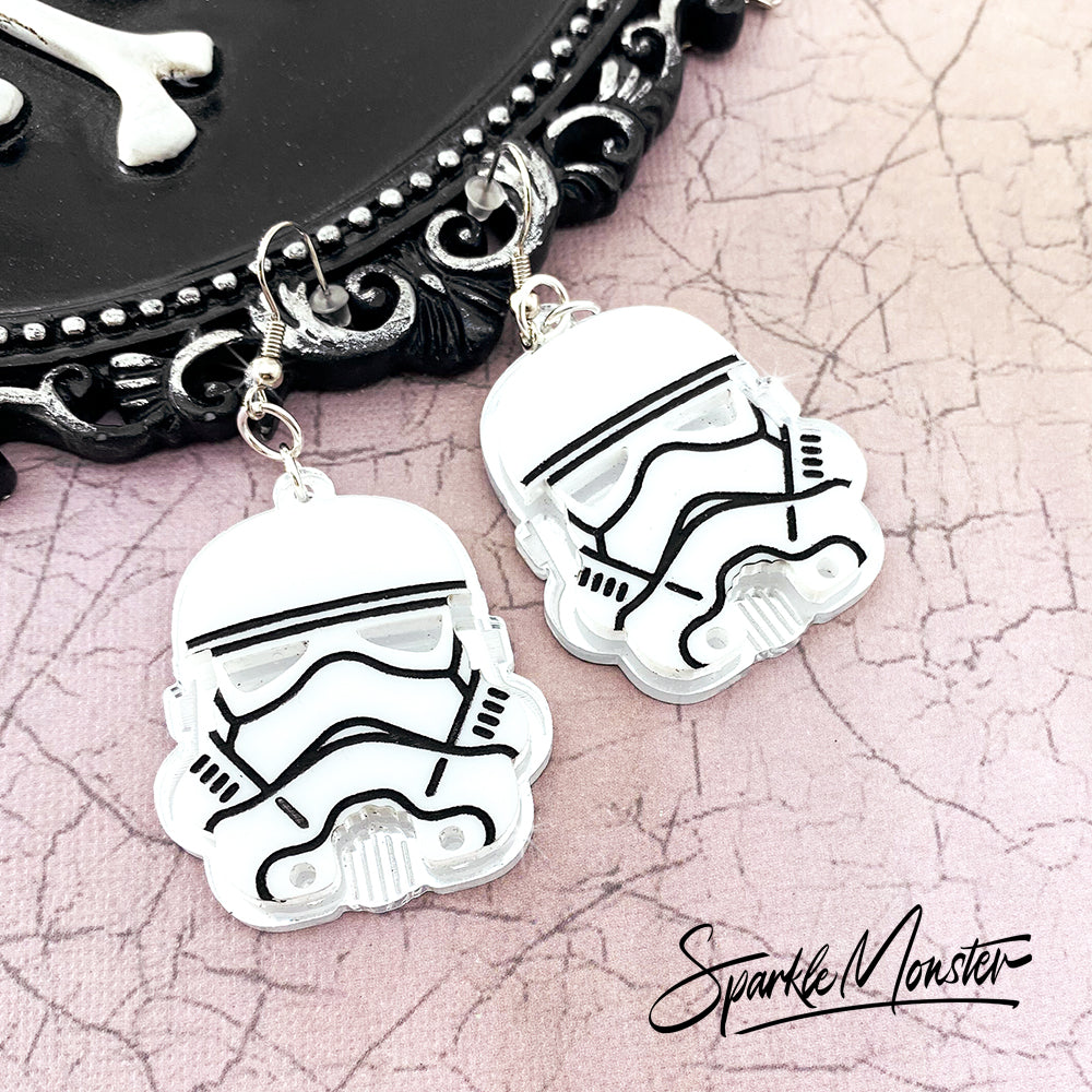 Trooper earrings, laser cut acrylic, stars, white, silver, movie inspired, empire