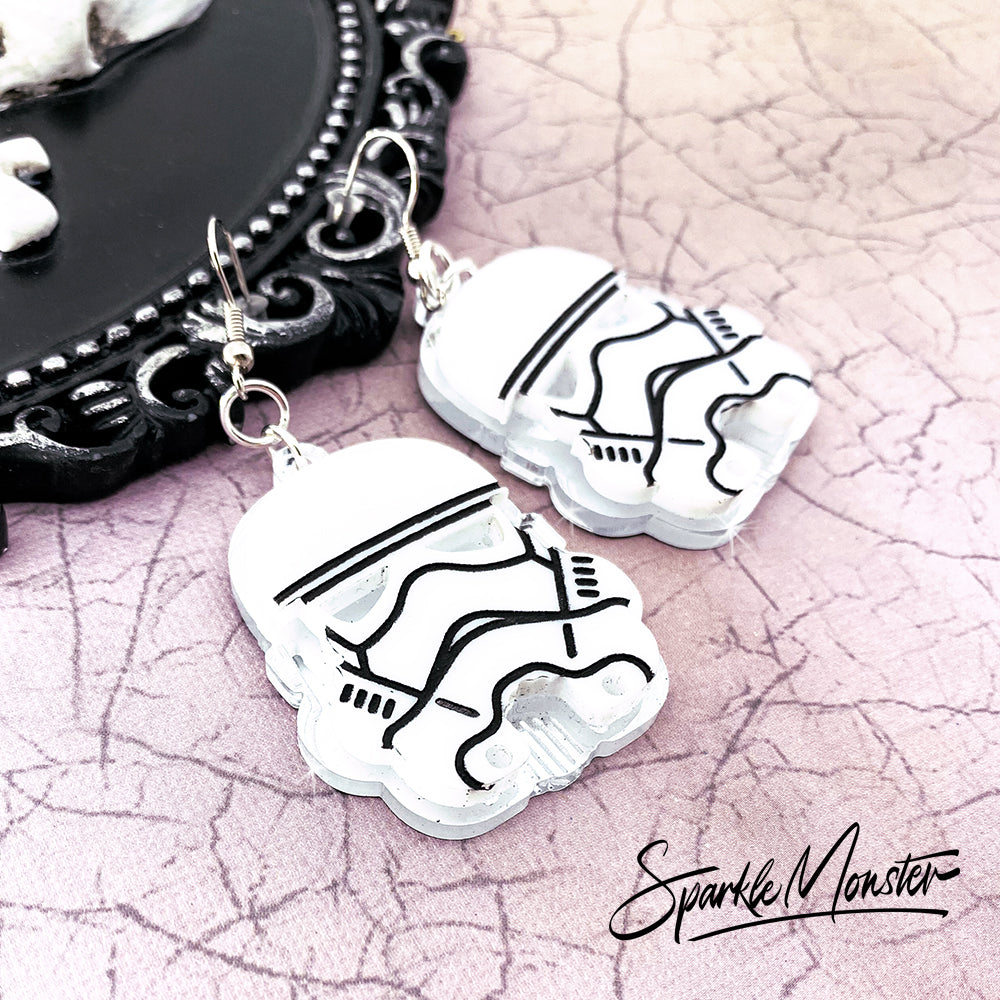 Trooper earrings, laser cut acrylic, stars, white, silver, movie inspired, empire
