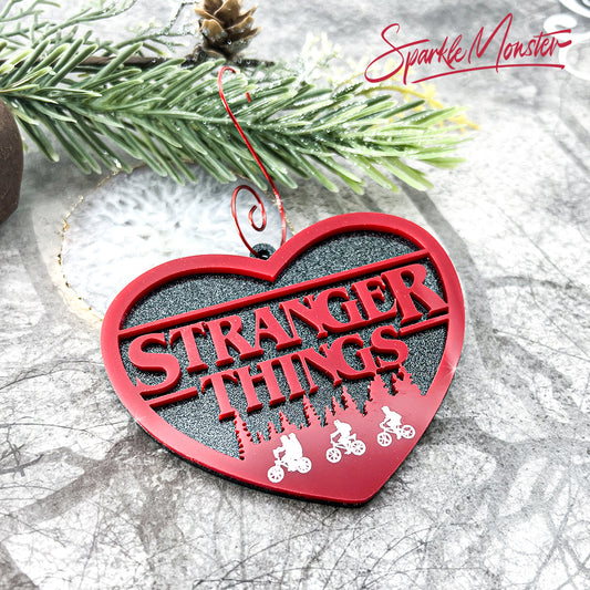 Eleven and the Gang, laser cut acrylic ornament, red on black glitter, christmas tree