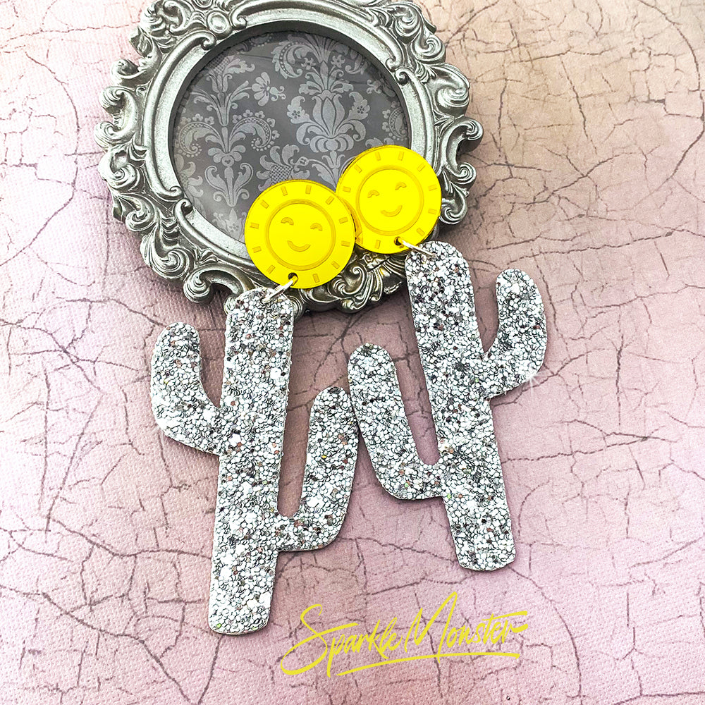 Sunny Days in the Desert, large silver glitter cactus earrings, yellow sun, Saguaro, statement earrings, faux leather