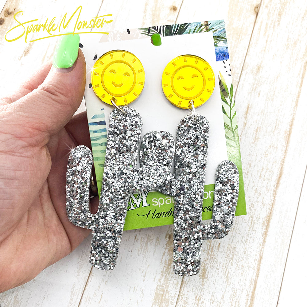Sunny Days in the Desert, large silver glitter cactus earrings, yellow sun, Saguaro, statement earrings, faux leather