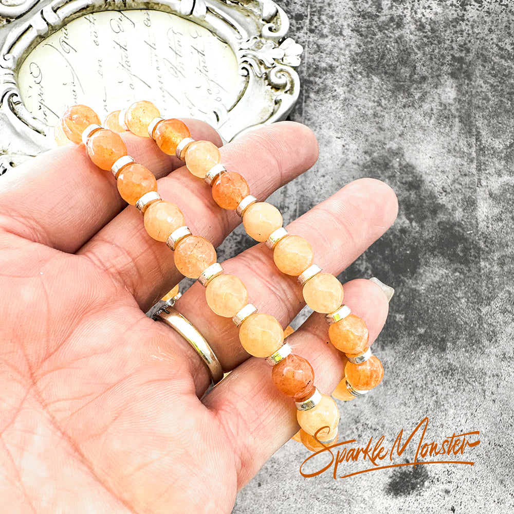 Sunstone gemstone stretch bracelet, silver spacer beads, vitality and joy