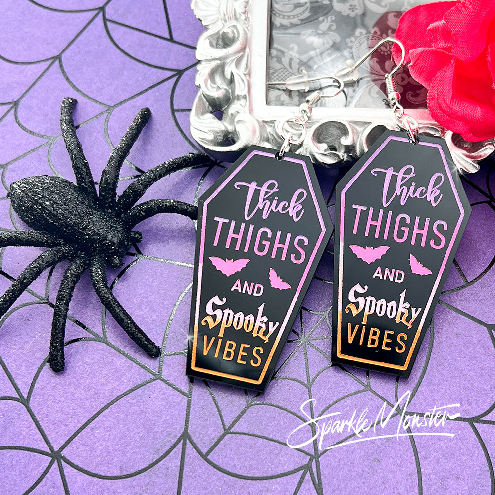 Thick Thighs Spooky Vibes - coffin earrings, laser cut acrylic