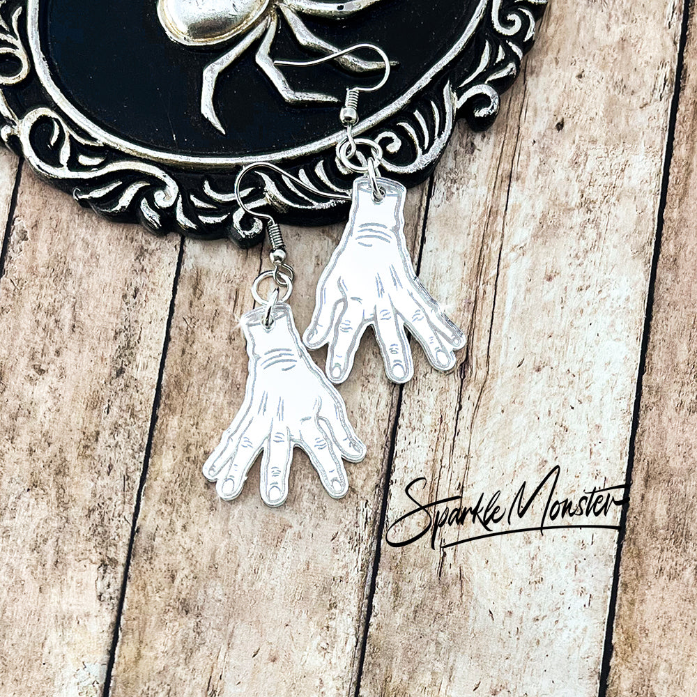 Thing Addams, dangle earrings, silver mirror laser cut acrylic, charms