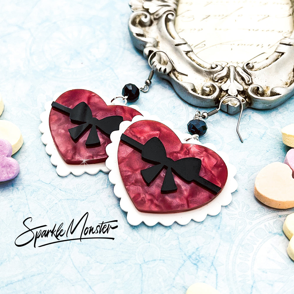 Fancy Valentine Hearts dangle earrings, laser cut acrylic, black crystals
