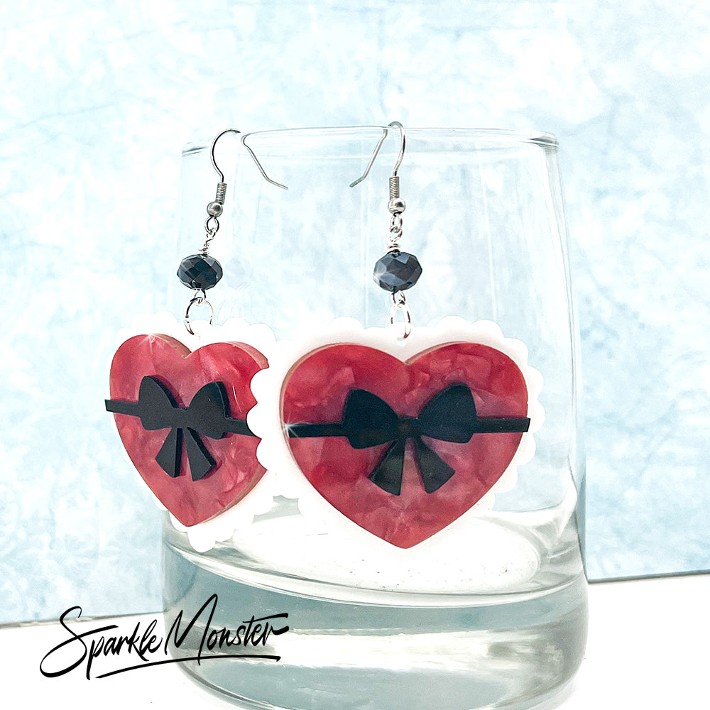 Fancy Valentine Hearts dangle earrings, laser cut acrylic, black crystals