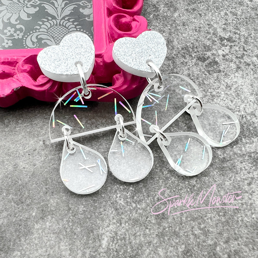 Sweet Petite dangle earrings, clear laser cut acrylic, holo confetti, post back, iridescent, geometric