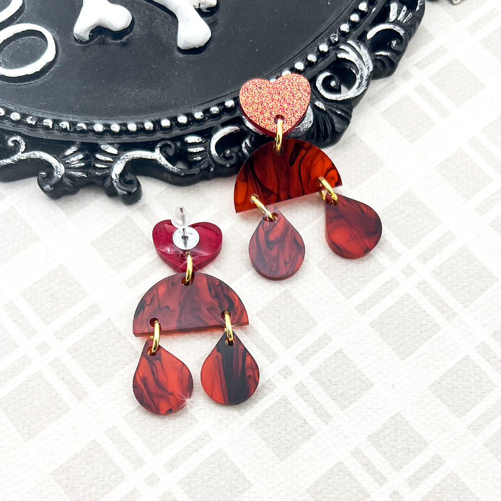 Sweet Petite dangle earrings, cognac laser cut acrylic, marble, post back, brown, geometric