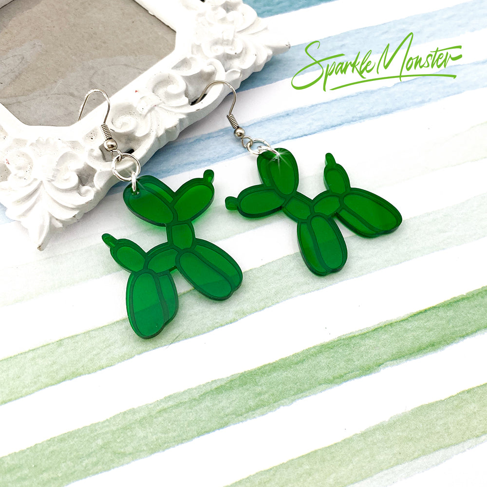 Balloon Dog Earrings, clear green laser cut acrylic