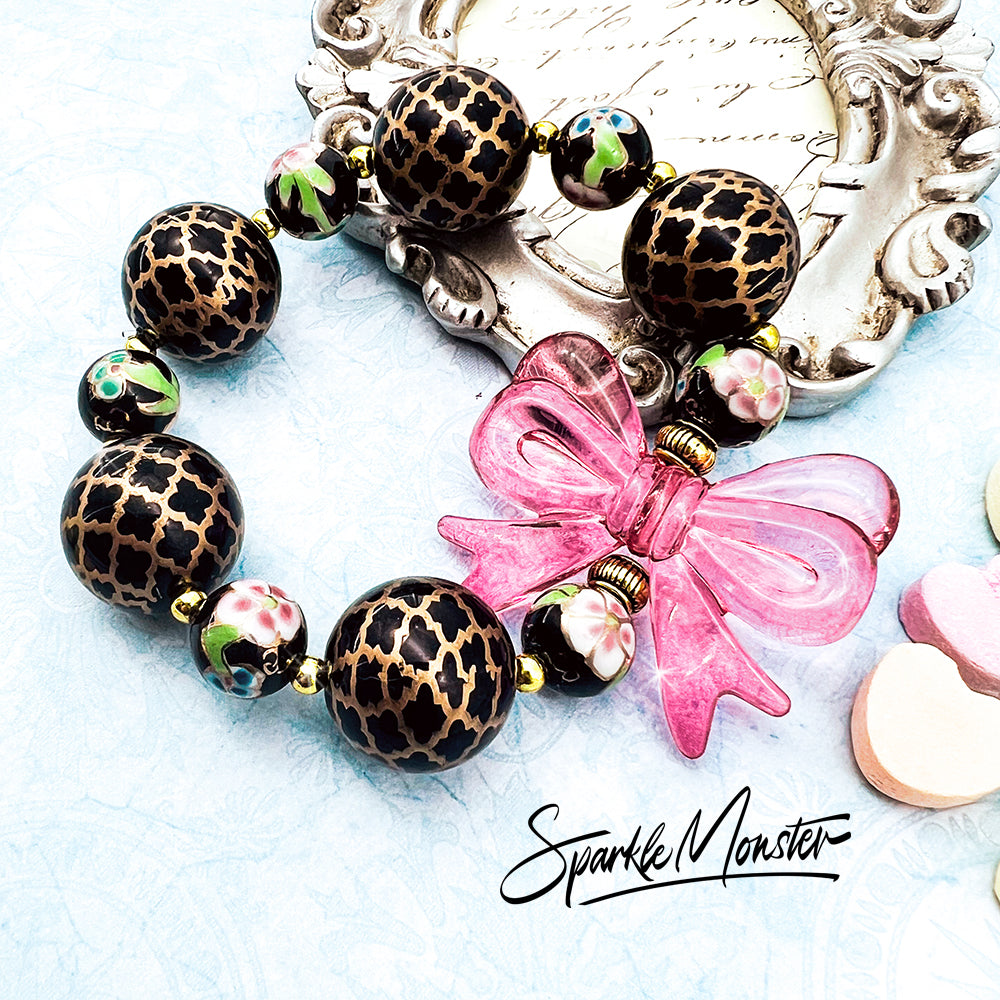 Dark Romance chunky bracelet with bubblegum beads, pink bow, floral beads