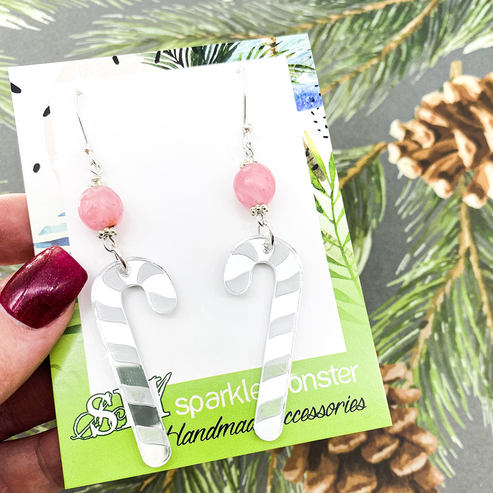 Candy Cane dangle earrings with Rose Quartz crystals, silver mirror, laser cut acrylic