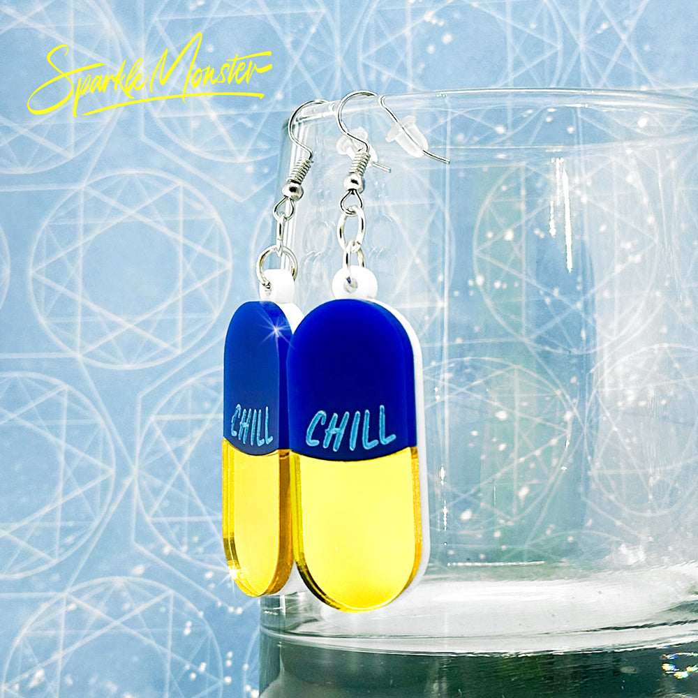 Take a Chill Pill! laser cut acrylic, necklace, earrings, set, dark blue and yellow, mental health matters