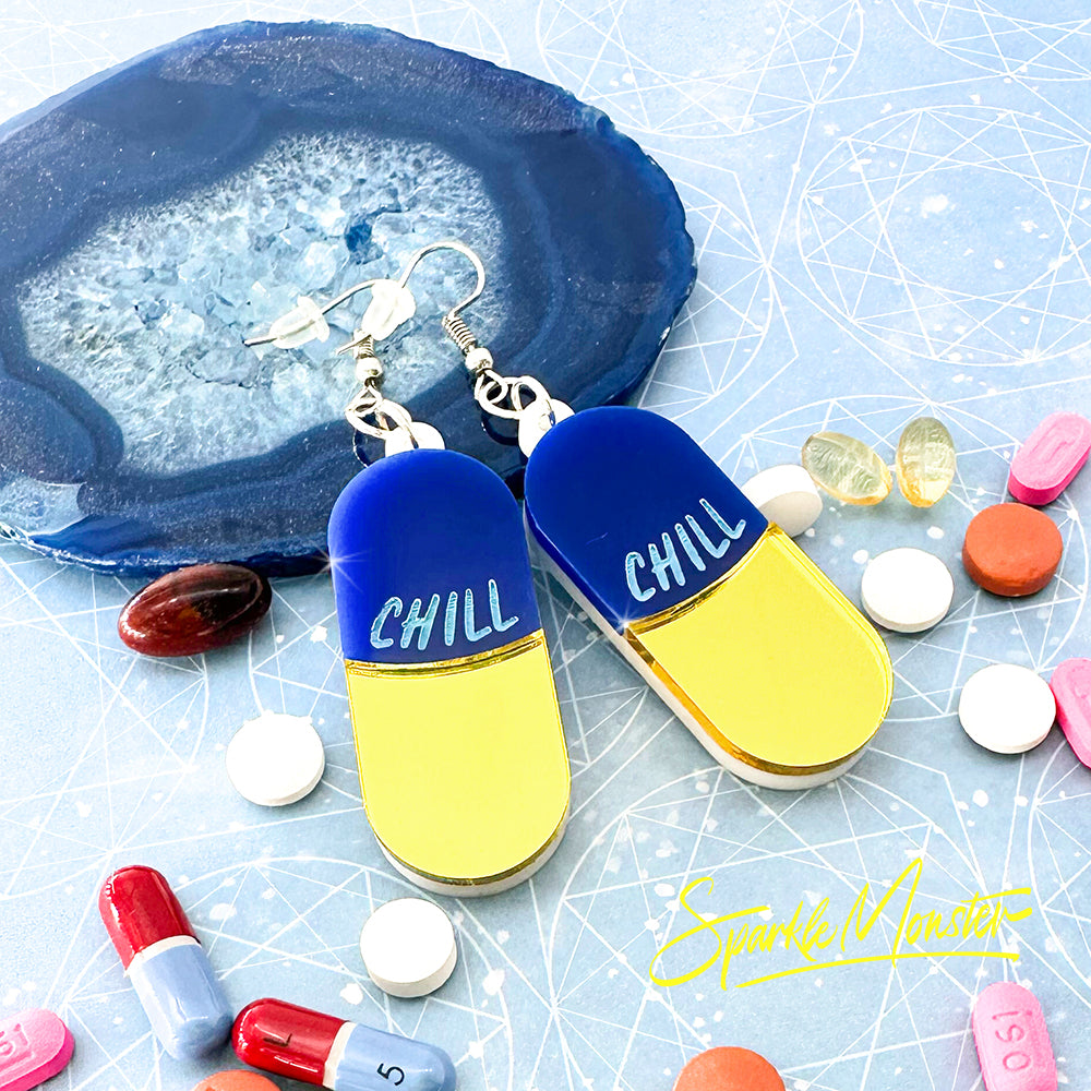 Take a Chill Pill! laser cut acrylic, necklace, earrings, set, dark blue and yellow, mental health matters