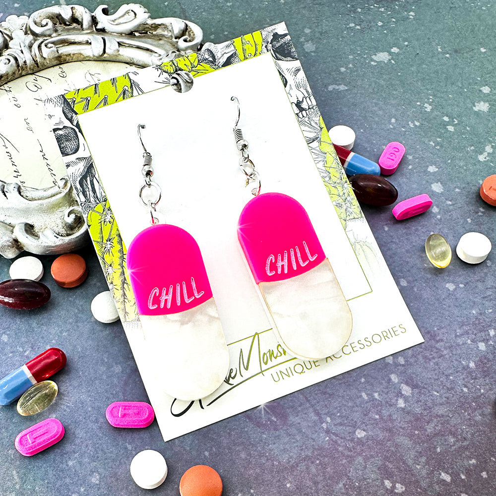 Take a Chill Pill! laser cut acrylic, necklace, earrings, set, hot pink and pearl white