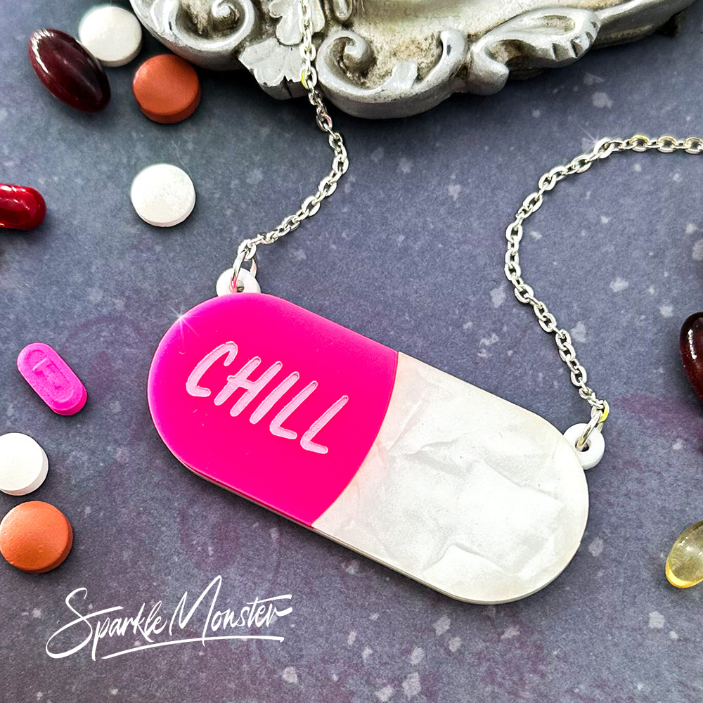 Take a Chill Pill! laser cut acrylic, necklace, earrings, set, hot pink and pearl white